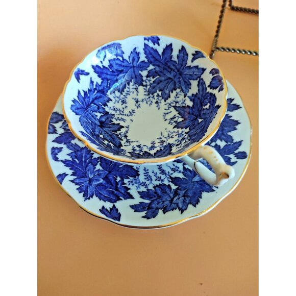 Coalport Hand Painted Tea Cup & Saucer Set Cobalt Blue Maple Leaf 1930's - Picture 1 of 15